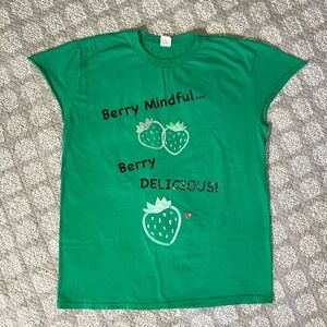 Mindful Green T-Shirt with Strawberry Print Upcycled OOAK size Large Unique!